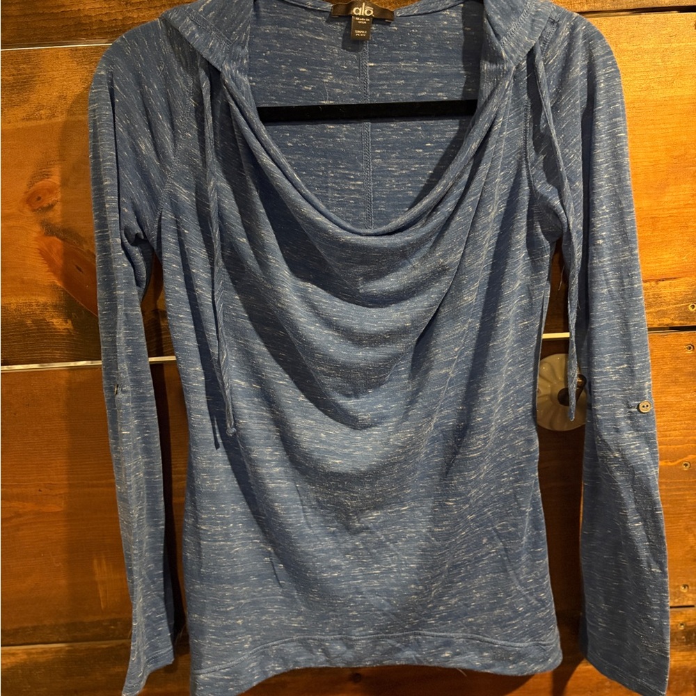 ALO Yoga Heathered Blue Long Sleeve Hoodie Top with Adjustable Sleeves